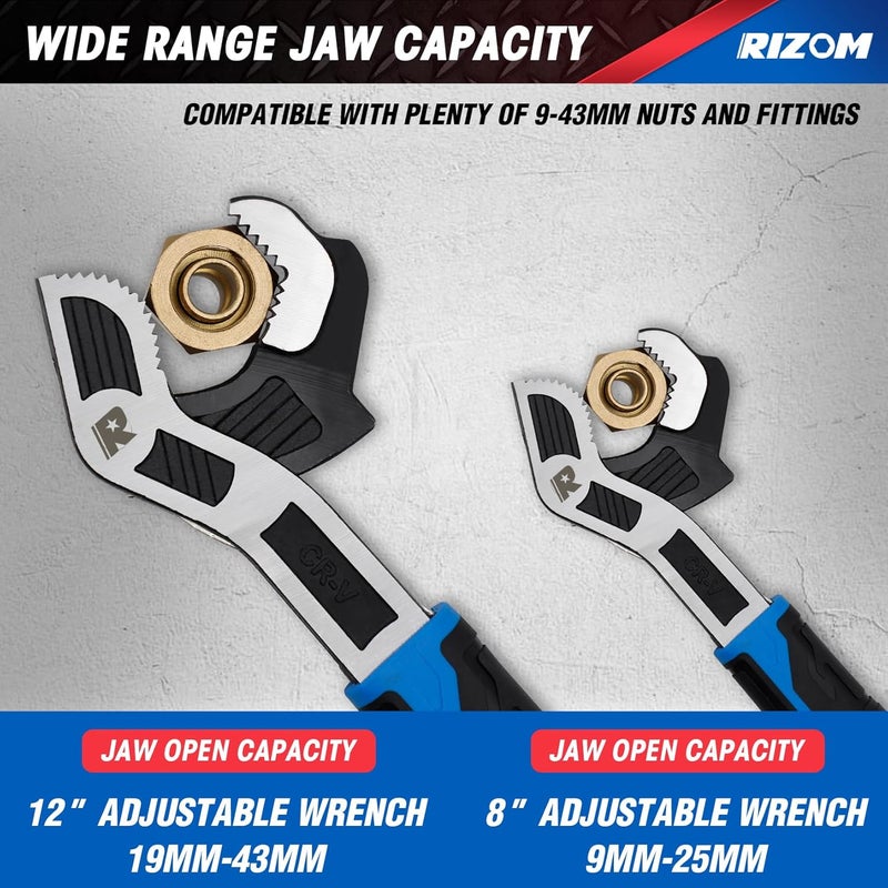 Rizom Self Adjusting Wrench, 8” and 12” Pipe Wrench, 2-Piece Self Adjustable Wrench Set with 3/8 to 1-3/4 inch Jaw Open - Image 3